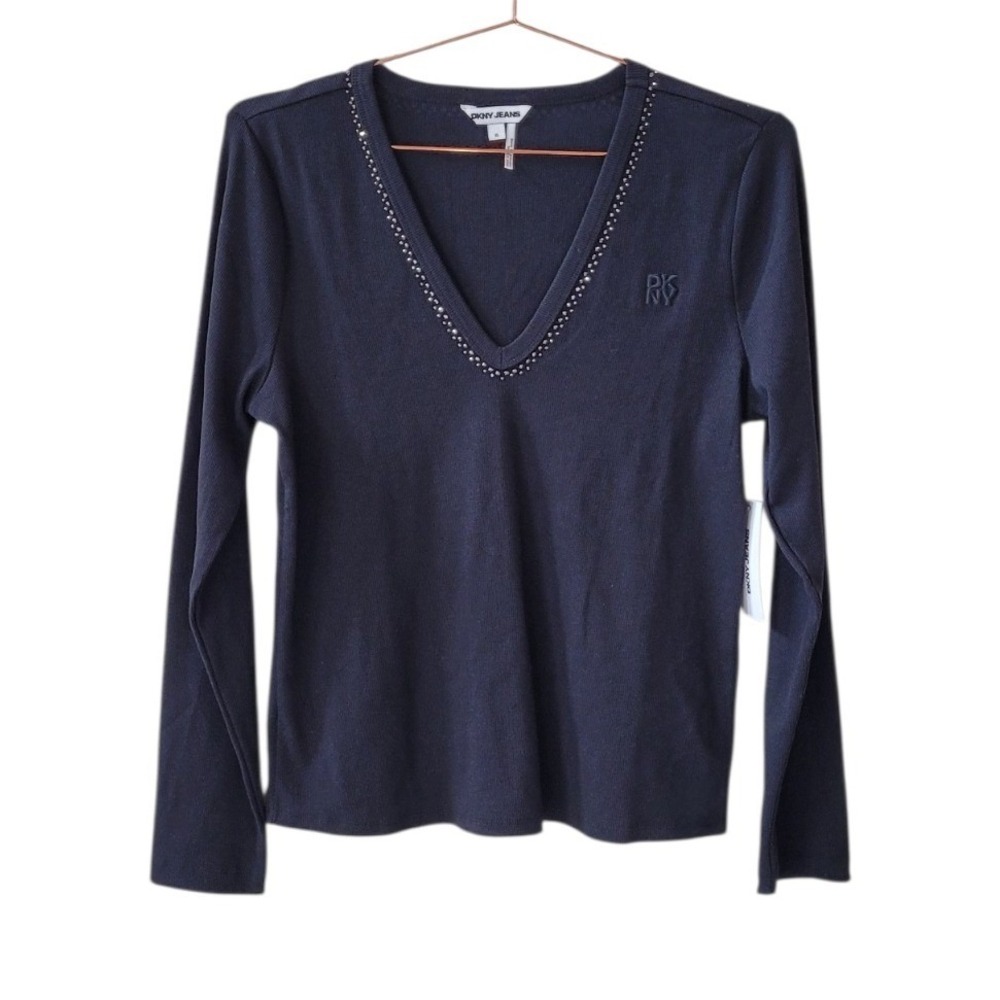 DKNY Jeans XL Black Long Sleeve Embellished Rhinestone V-Neck Knit Top Women